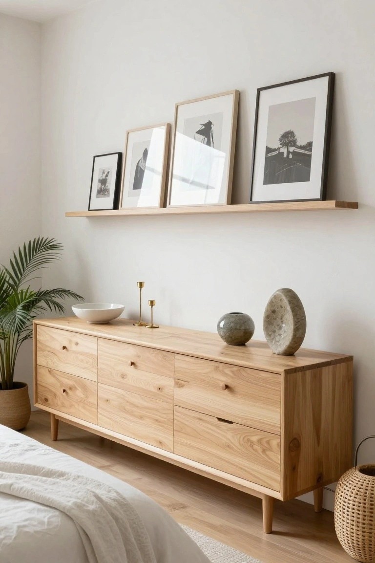 A light wood long dresser with multiple drawers sits beneath a floating shelf displaying several framed black and white photos in a bright minimalist bedroom.