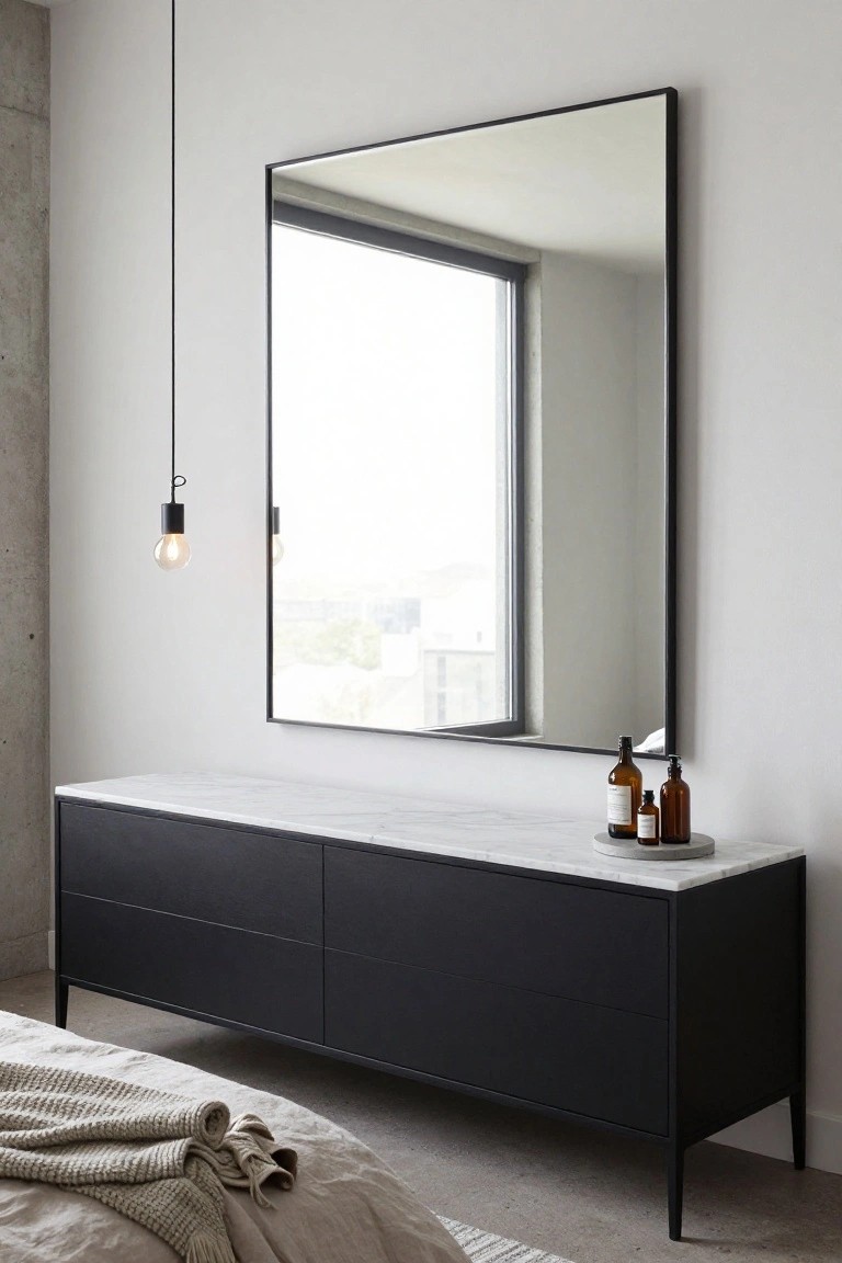 Modern black dresser with white marble top beneath a large framed mirror.