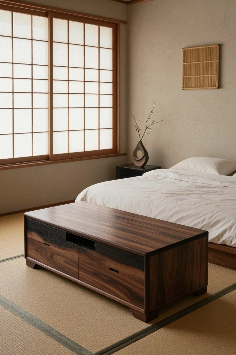 Japanese-style bedroom with dark wood low table on tatami.