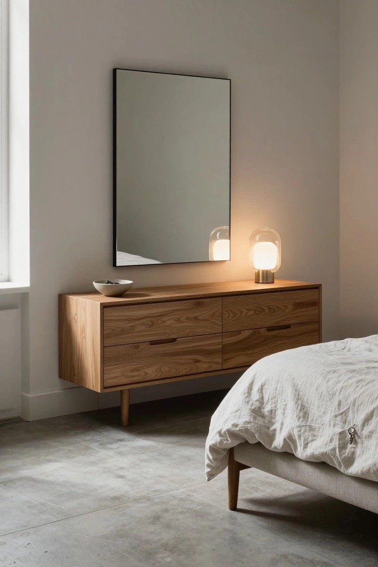 Minimalist wooden dresser with mirror and glowing lamps in serene bedroom.