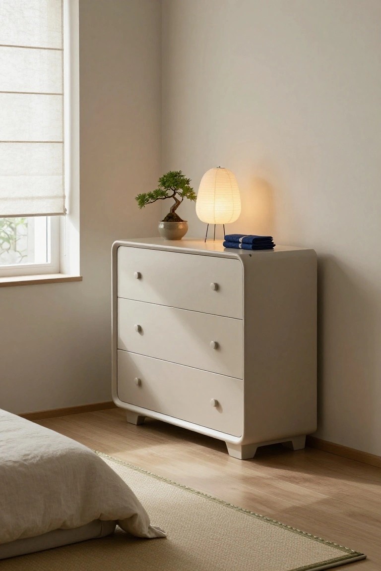 A white three-drawer dresser with rounded corners stands against a light wall in a minimalist bedroom, topped with a small lamp and plant.