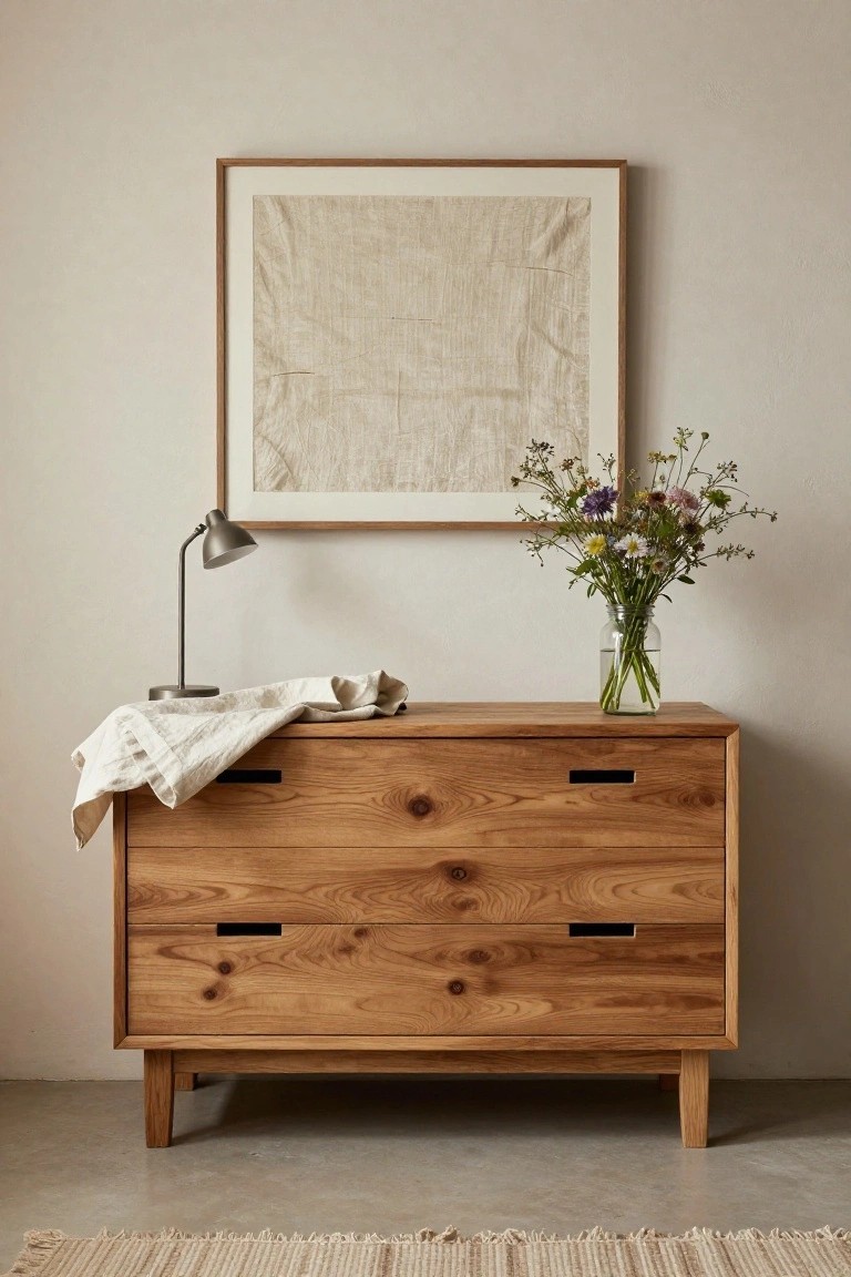 Wooden dresser with four drawers, lamp, flowers, and framed art.