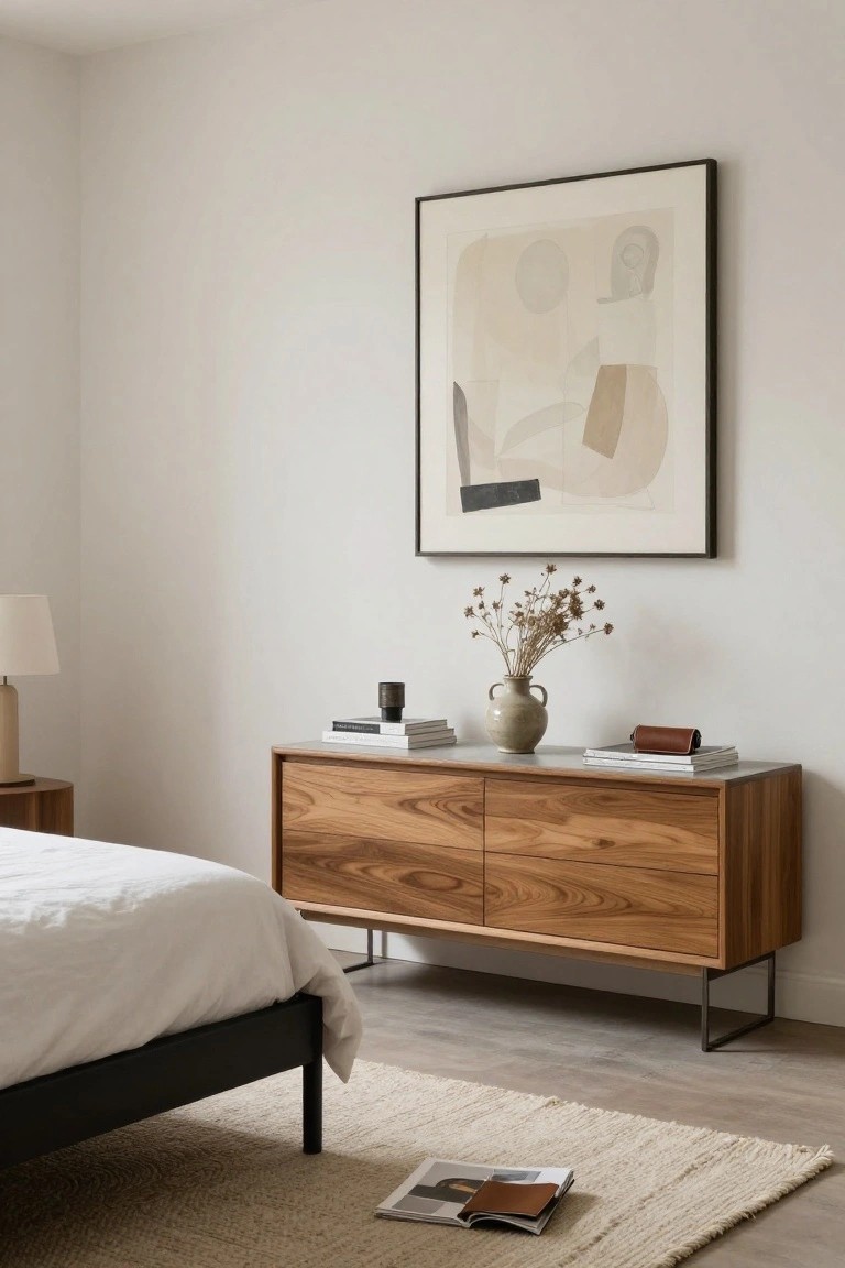 Minimalist bedroom with wooden dresser, abstract art, and neutral decor.