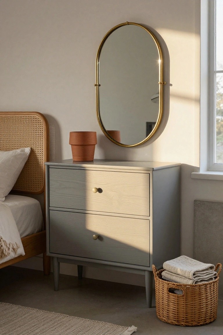 Bedside dresser with drawers, oval mirror, terracotta pot, and wicker basket.