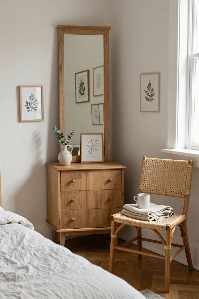 A light wood three-drawer dresser with a tall mirror above it sits in a neutral bedroom next to a woven chair and a few framed prints on the wall.