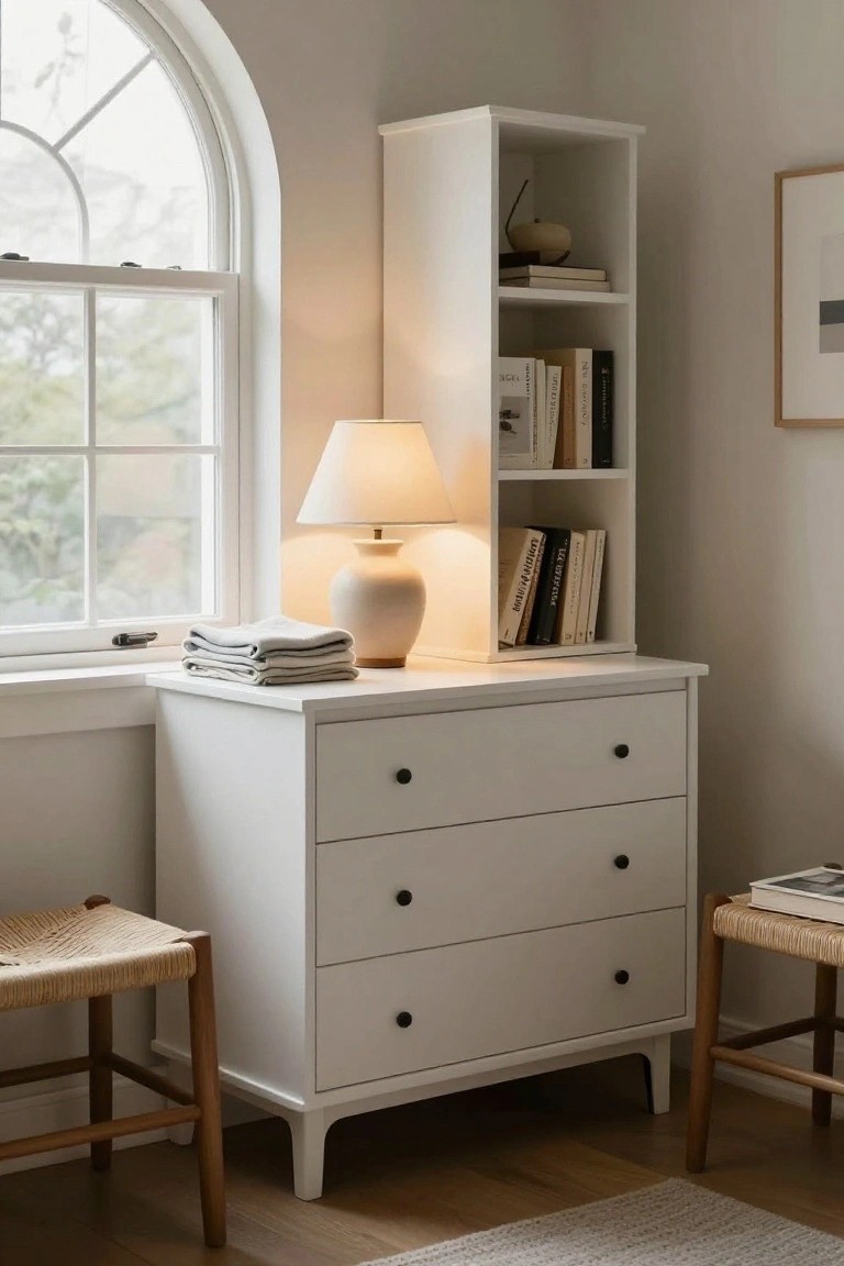 White dresser with lamp and books beside arched window and woven stools.