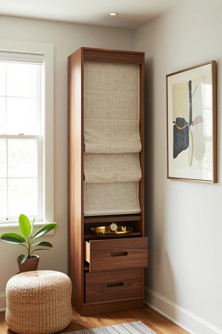 A tall narrow wooden cabinet with two fabric roller shades above and two drawers below stands in a corner beside a window.