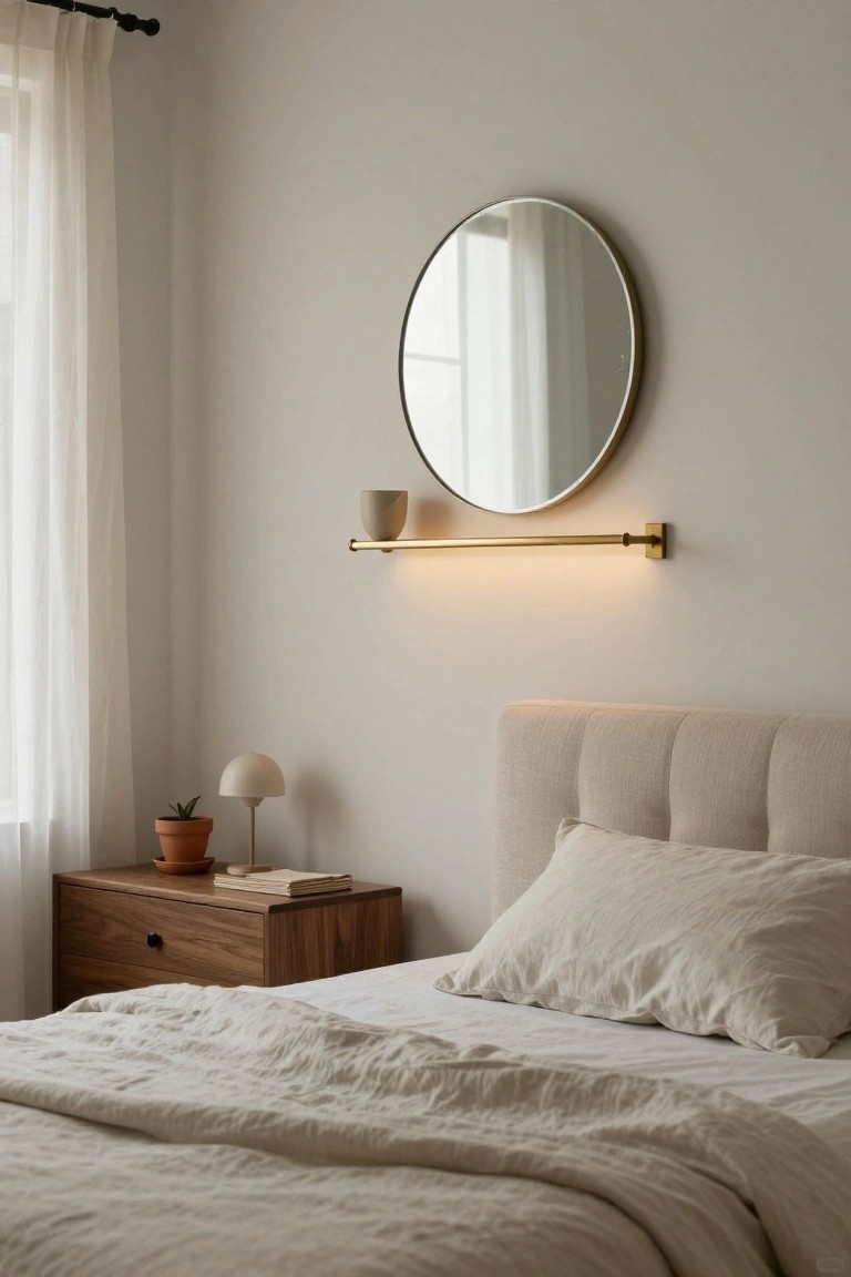 Minimalist bedroom with round mirror, brass shelf, wooden nightstand, and neutral linens.