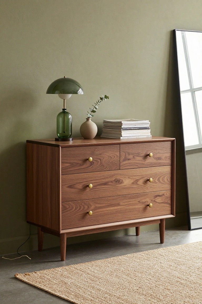 A mid-century style wooden dresser with tapered legs and brass knobs holds a green dome lamp, a small ceramic vase, and a stack of magazines against a muted green wall.