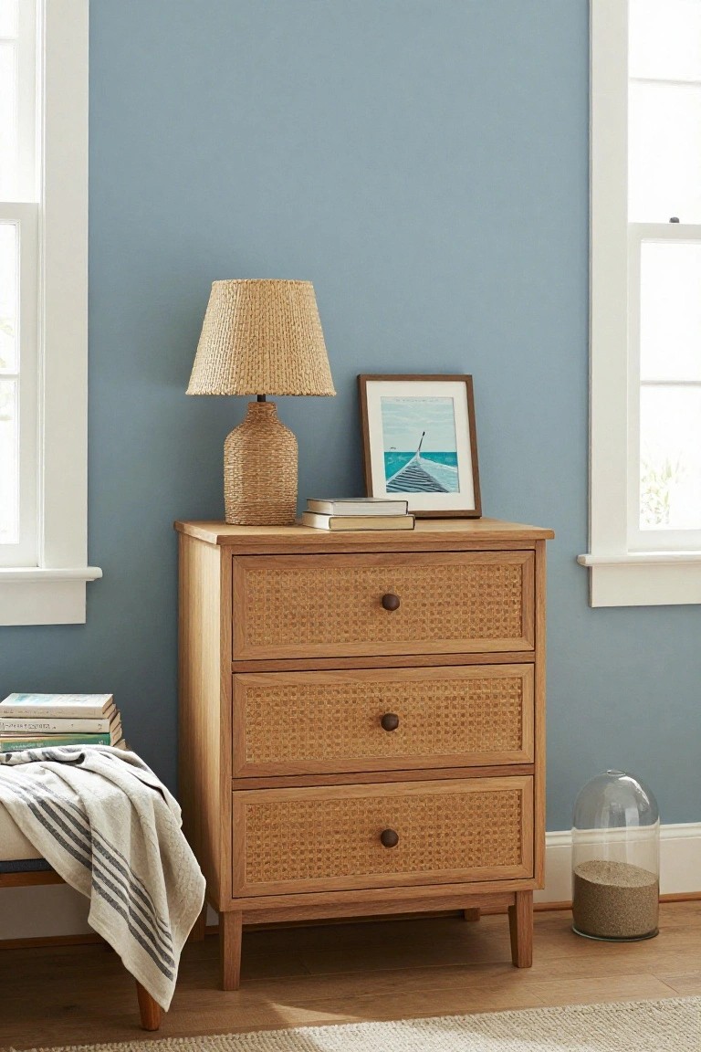 A light wood three-drawer dresser with rattan fronts sits against a blue wall, topped with a woven lamp, stacked books, and a small framed print.