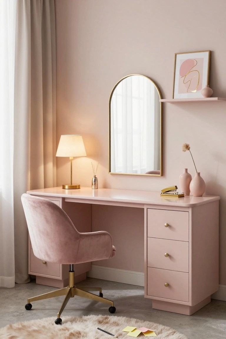 Curved blush pink desk with three drawers and gold knobs, pink velvet office chair with gold base and wheels, gold arched mirror above, table lamp, reed diffuser, stapler, vases, and art on a floating shelf against a pink wall.