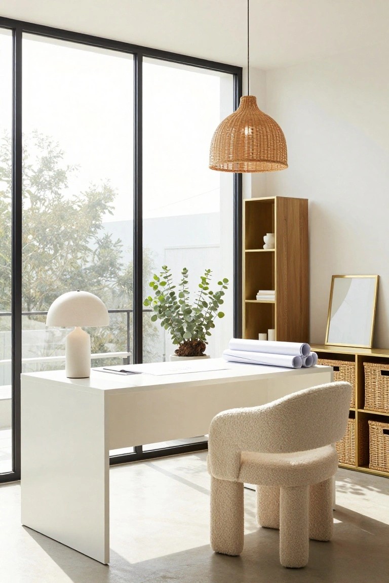 Modern office with white desk, oversized fluffy cream boucle chair, wooden shelving unit with books and vase, white table lamp, rolled papers, and large black-framed windows overlooking trees.