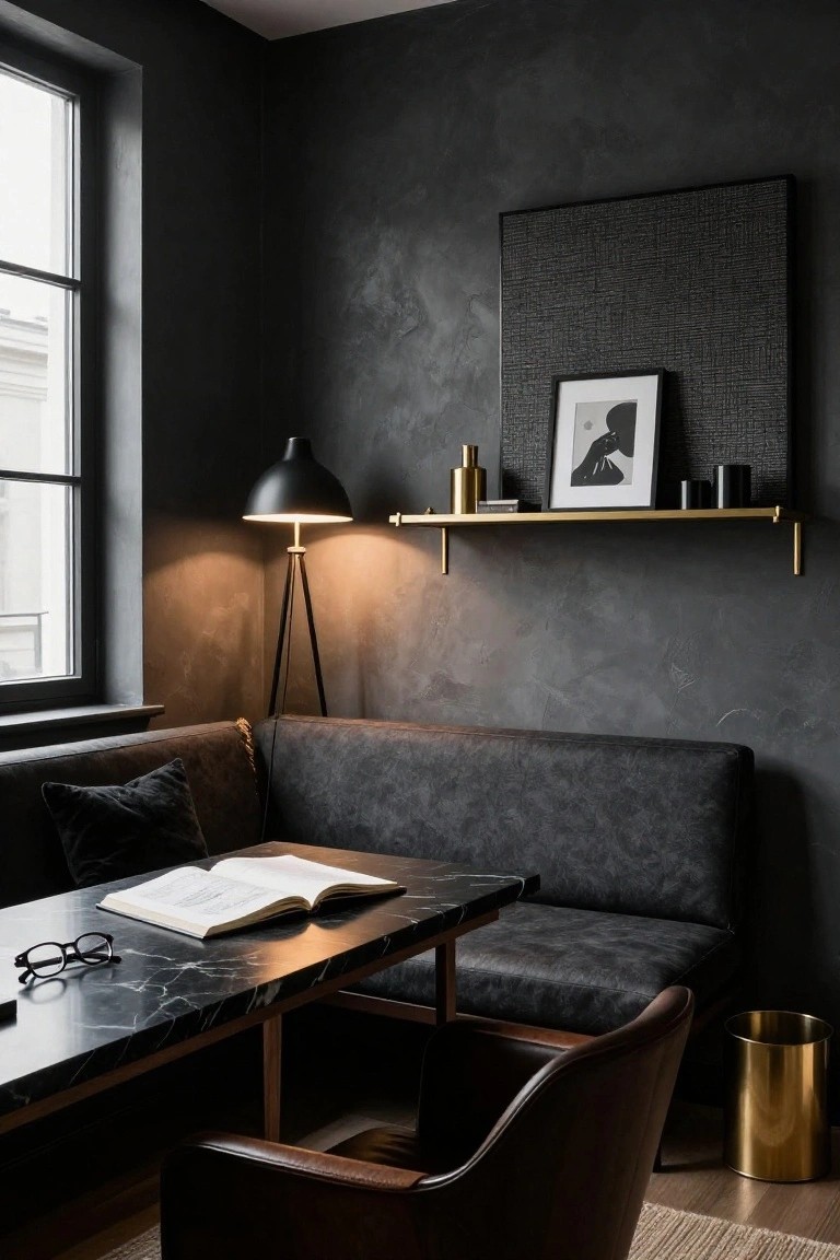 A cozy office corner featuring dark textured walls, a black leather L-shaped sofa, black marble table with open book and glasses, brown leather armchair, black floor lamp, brass wall shelf with vase and candle, and gold wastebasket on a wood floor.