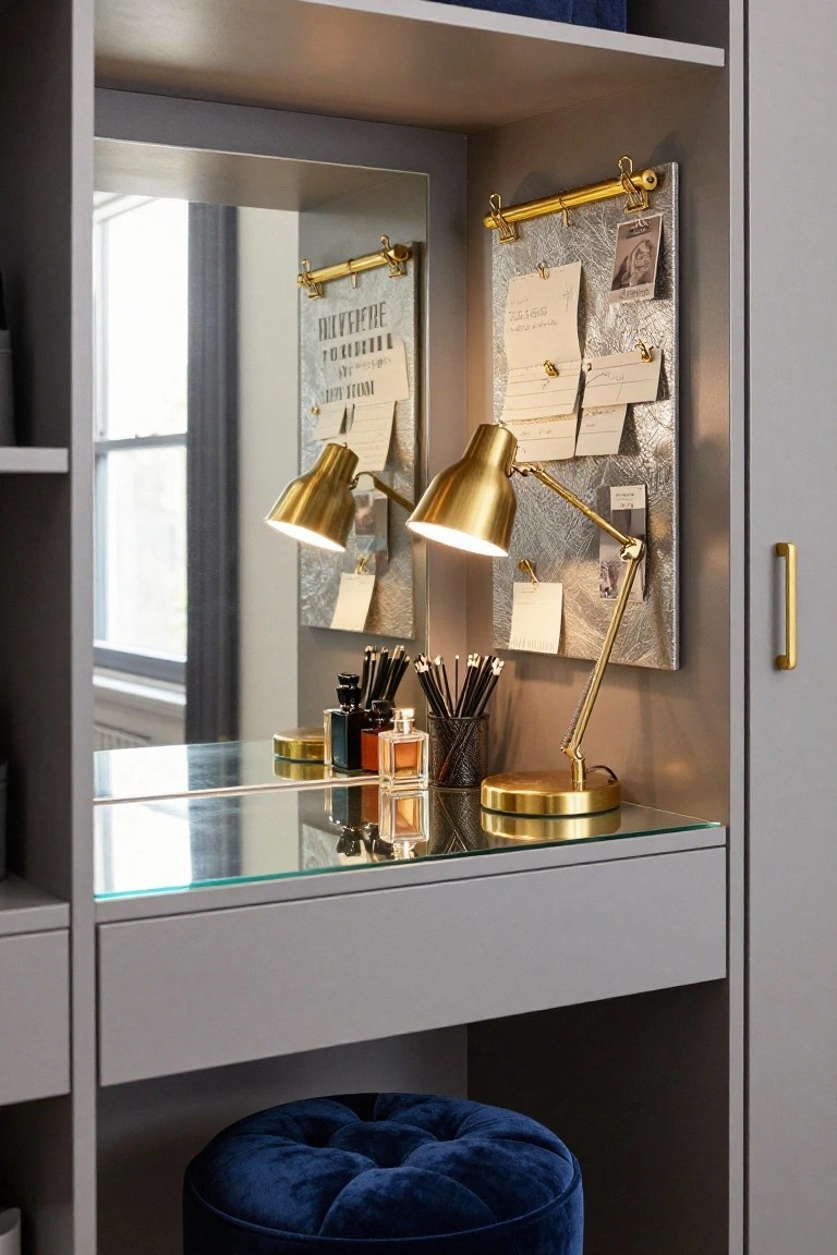 Gray built-in cabinets featuring a mirrored glass-topped vanity desk with gold adjustable lamps attached to a metallic bulletin board, perfume bottles and pens on the desk surface, and a blue velvet pouf stool below.