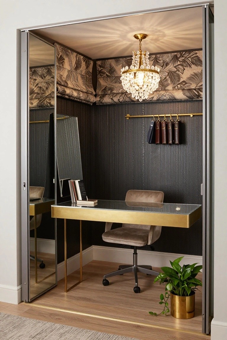 Open folding mirrored doors to a small interior room featuring dark textured walls, a crystal chandelier, gold hanging rod with leather bags, glass-topped brass desk, velvet swivel chair, books, and a potted plant on wood flooring.