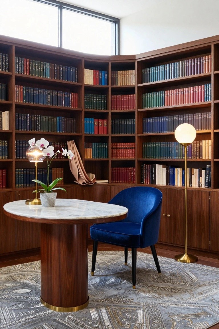 Curved wooden bookshelves filled with multicolored books line a corner office with a round marble-topped wooden table, blue velvet armchair, brass lamps, white orchids, and a patterned rug.