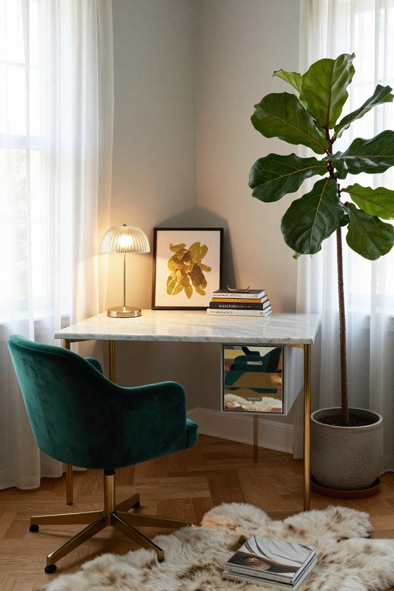 Corner of a home office with emerald green velvet swivel chair at a white marble desk on gold legs, brass lamp, abstract gold artwork, fiddle leaf fig plant, stacked books, and sheepskin rug on wood floor.