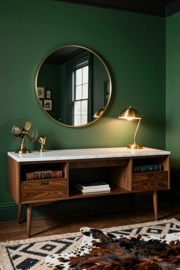 A deep green room with a walnut console table topped by white marble, holding a brass desk fan, gold bust, adjustable lamp, and books, beside a large round gold mirror.