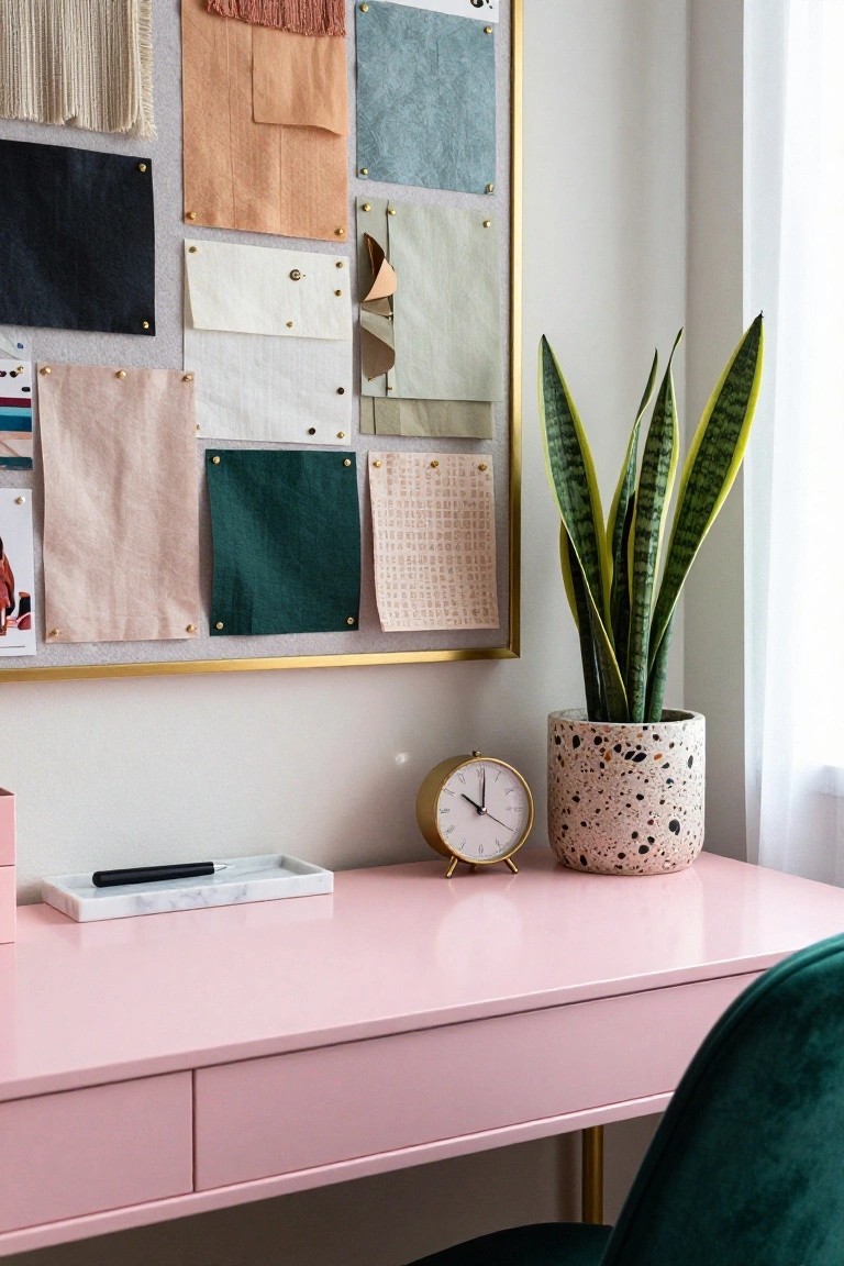 Gold-framed wall board displaying assorted fabric swatches in various colors and textures above a pink desk with gold clock, marble tray, snake plant in speckled pot, and green velvet chair.