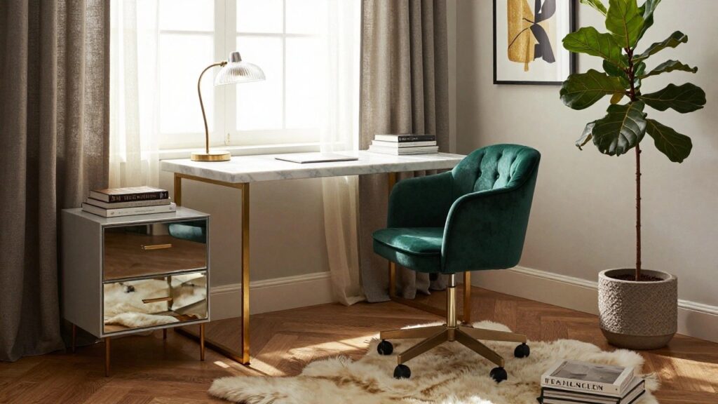 23 Modern Glam Office Decor Ideas That Sparkle Corner of a home office with emerald green velvet swivel chair at a white marble desk on gold legs, brass lamp, abstract gold artwork, fiddle leaf fig plant, stacked books, and sheepskin rug on wood floor.