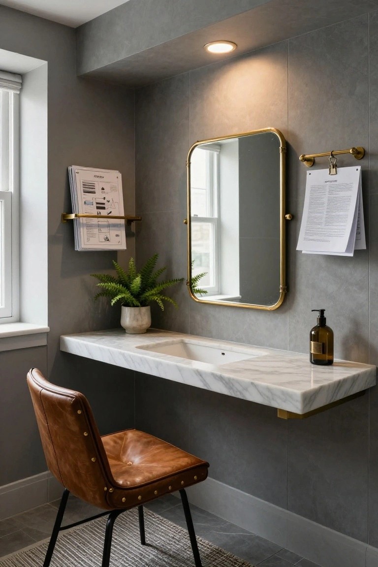 Gray-tiled bathroom vanity area with floating white marble sink countertop, round gold-framed mirror mounted on wall, tufted brown leather chair, potted fern plant, wall-mounted soap dispenser, and papers clipped nearby.