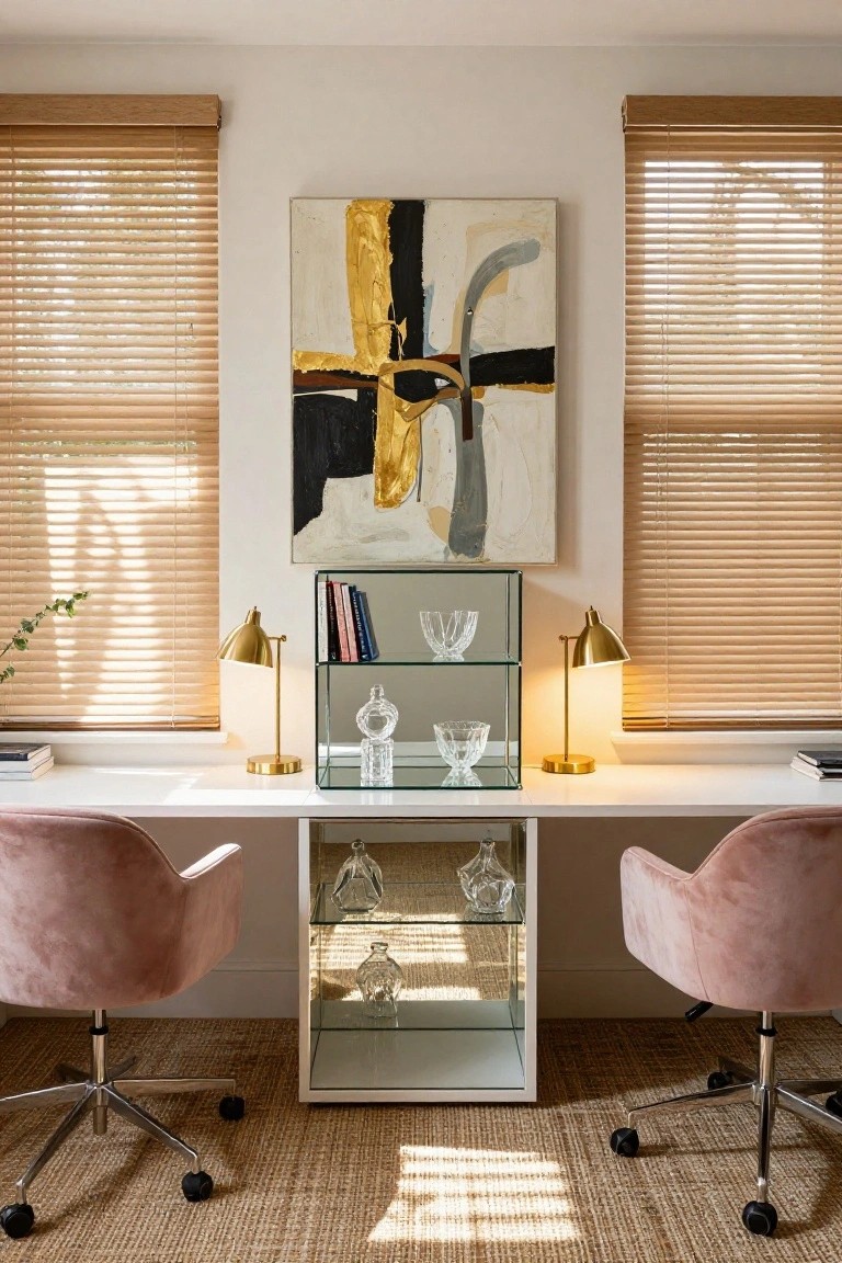 Bright home office with white desk flanked by pink velvet chairs, glass display cabinet holding crystal glassware and decanters, paired gold lamps, bookshelves, and abstract art between wooden blinds.