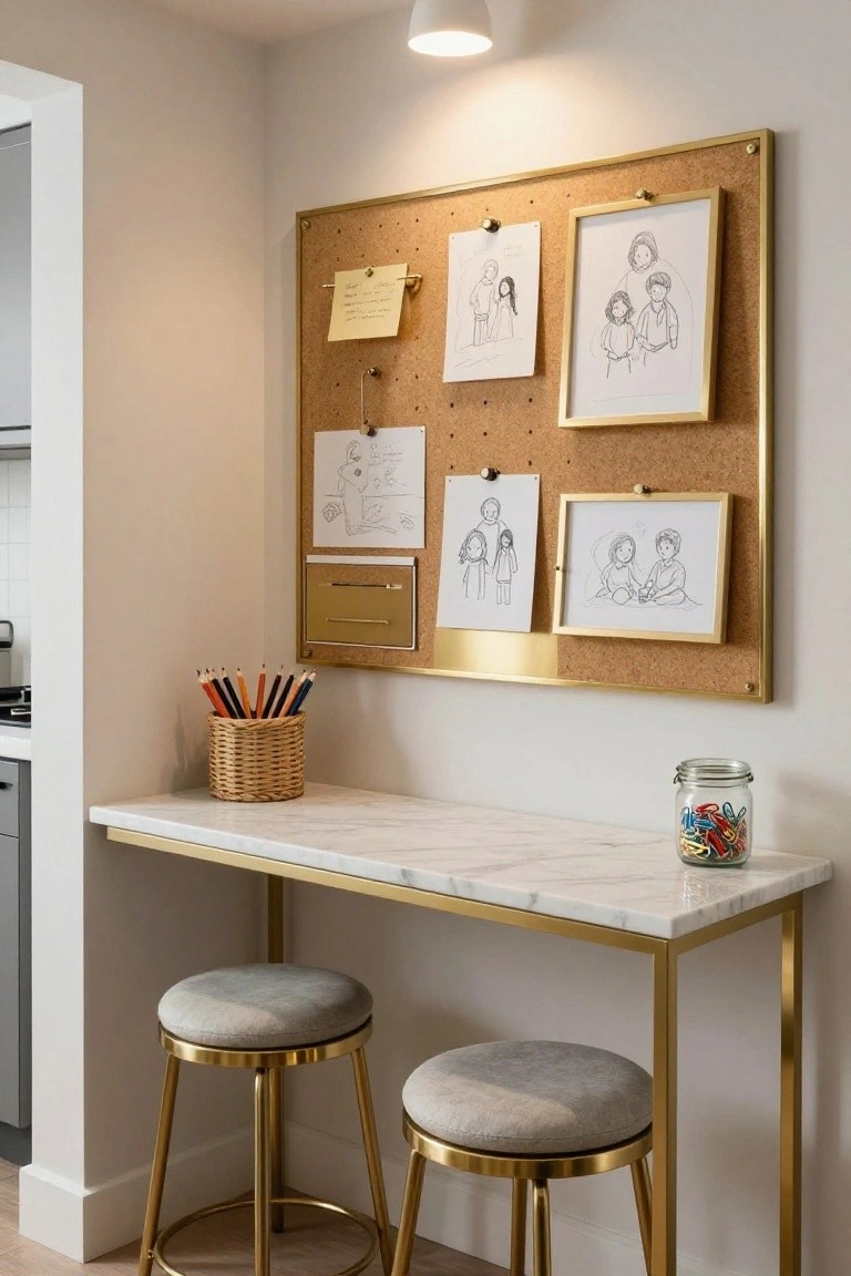 Compact indoor office nook with a large gold-framed corkboard on the wall holding drawings and notes, a white marble-topped table on gold legs with two gray stools, a basket of colored pencils, and a jar of paper clips.