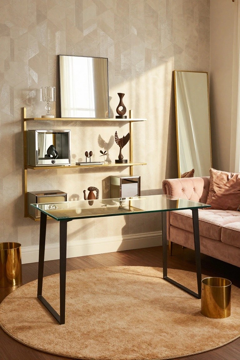 Home office corner with beige geometric wallpaper, gold wall-mounted shelves holding sculptures and decorative boxes, glass-top desk with black legs next to pink velvet sofa, tall gold mirror, and matching brass wastebaskets on beige round rug.