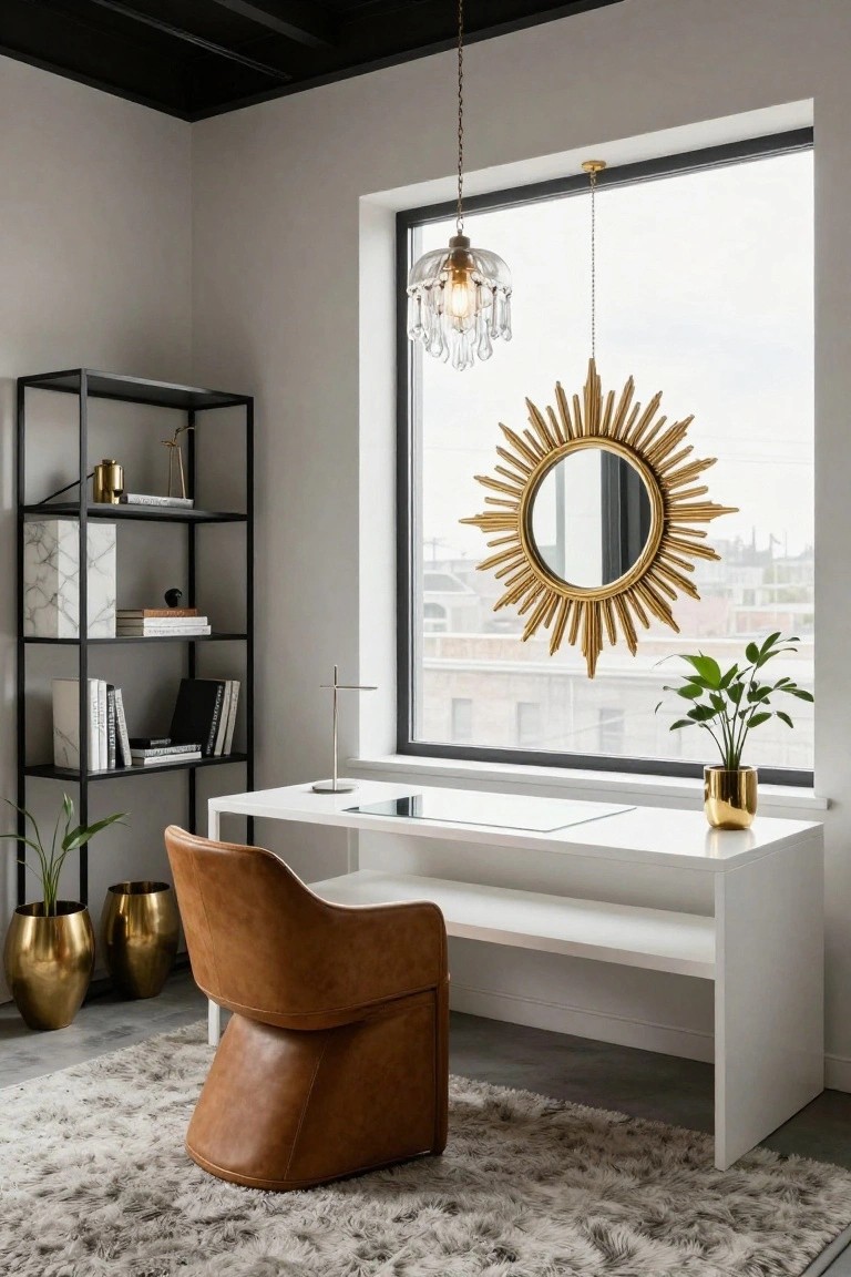 Modern home office corner with white desk, tan leather chair, black metal shelves holding books and decor, large gold sunburst mirror over window with city view, gold planters with plants, and crystal pendant light.