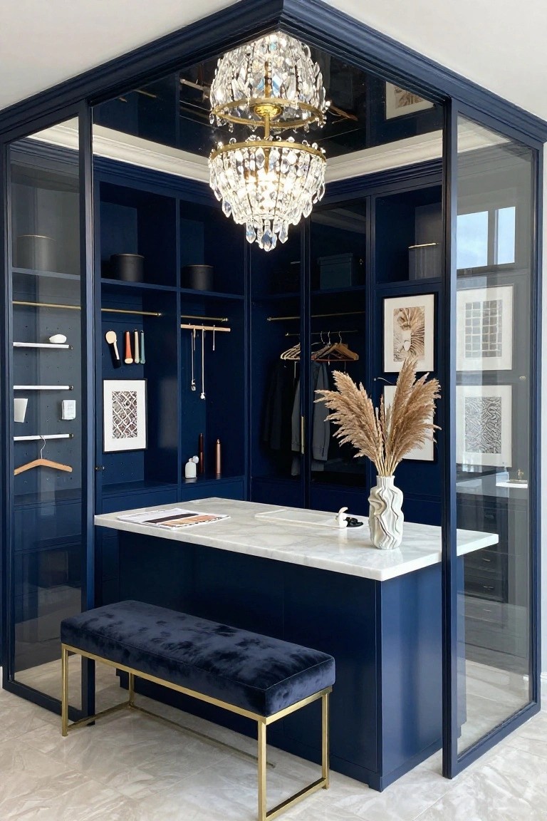 Glass-enclosed corner walk-in closet with navy blue cabinets, hanging rods for clothes, crystal chandelier, white marble-topped island, velvet bench on gold legs, pampas grass in vase, and framed artwork on walls.