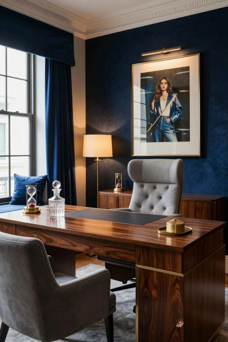 A home office with deep navy blue walls, a large framed portrait of a woman in shiny clothing, wooden desk with brass accents, gray armchairs, and blue curtains on a window.