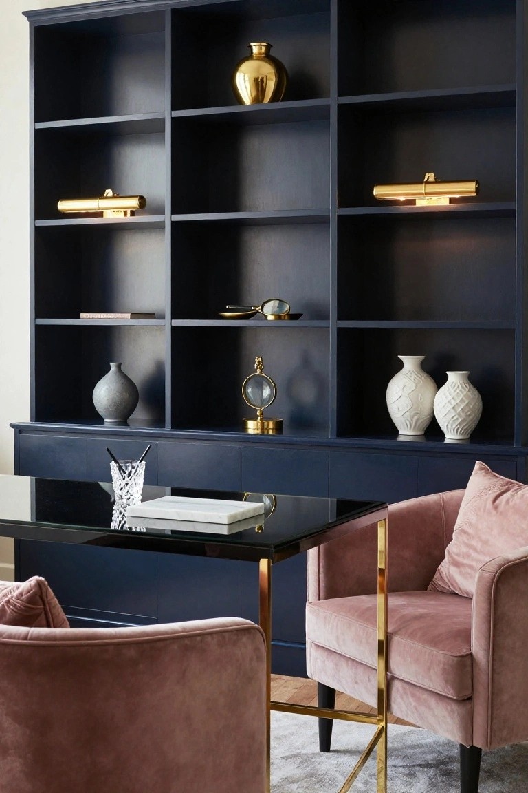 Navy blue built-in bookcases with shelves holding gold vase, lamps, ceramics, and books above a matching cabinet desk, paired with pink velvet armchairs around a glass-top table on a light rug.