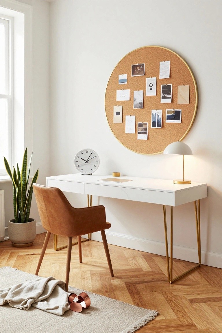Modern home office featuring a white desk with brass legs, cognac leather armchair, large round gold-framed corkboard wall, white marble clock, brass desk lamp, potted snake plant, and beige rug on herringbone wood floor.