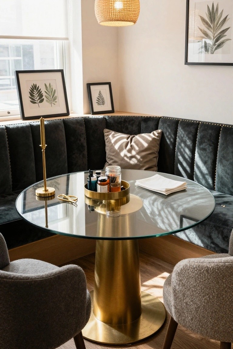 Corner booth seating area in a bright room with dark gray velvet banquette, round glass table on tall gold pedestal base, two upholstered armchairs, gold accessories, and framed botanical prints on walls.