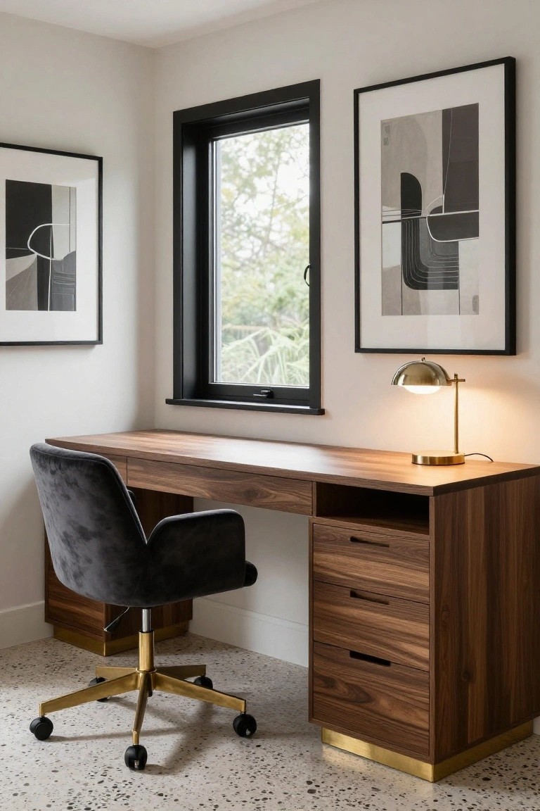 A modern home office with a rectangular walnut desk on brass pedestal feet and drawers, black velvet swivel chair with gold base, lit gold dome desk lamp, two large abstract black-and-white framed prints, black-framed corner window with trees outside, white walls, and speckled floor.