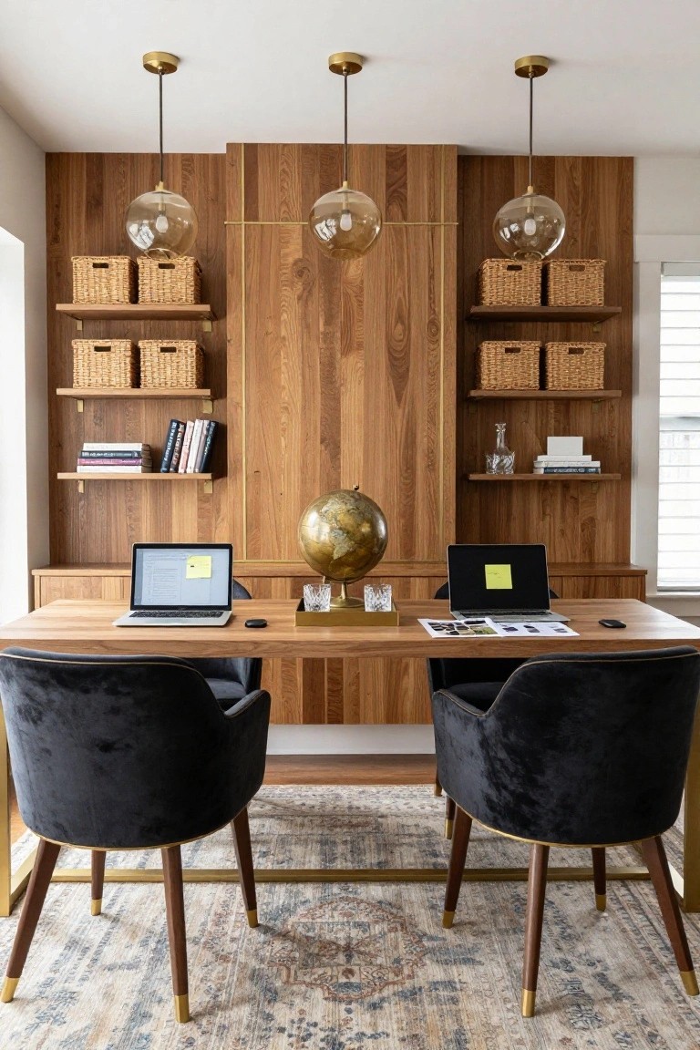 Light wood paneled wall in a home office with built-in shelves holding wicker baskets and books, a wooden desk with two laptops and a globe, two black velvet chairs, and three glass pendant lights overhead.