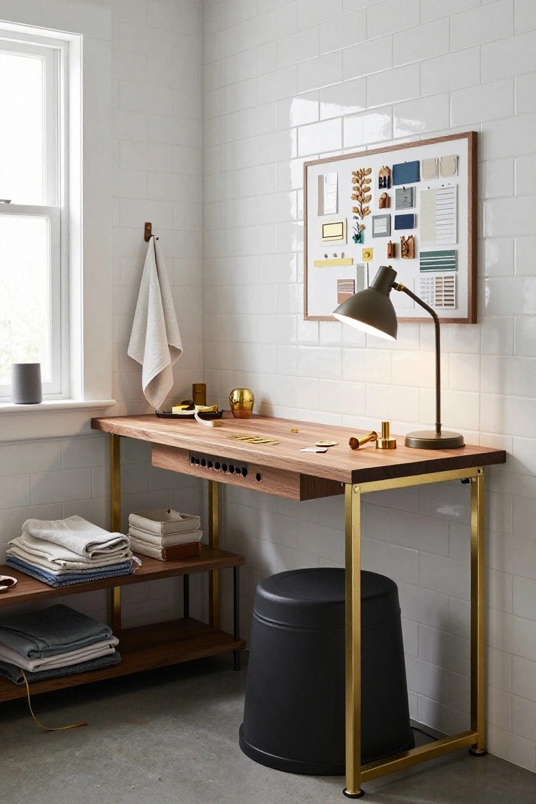 Wooden desk with brass legs and open shelving unit in a white subway-tiled room, with desk lamp, mood board on wall, black stool, and folded linens on shelves.