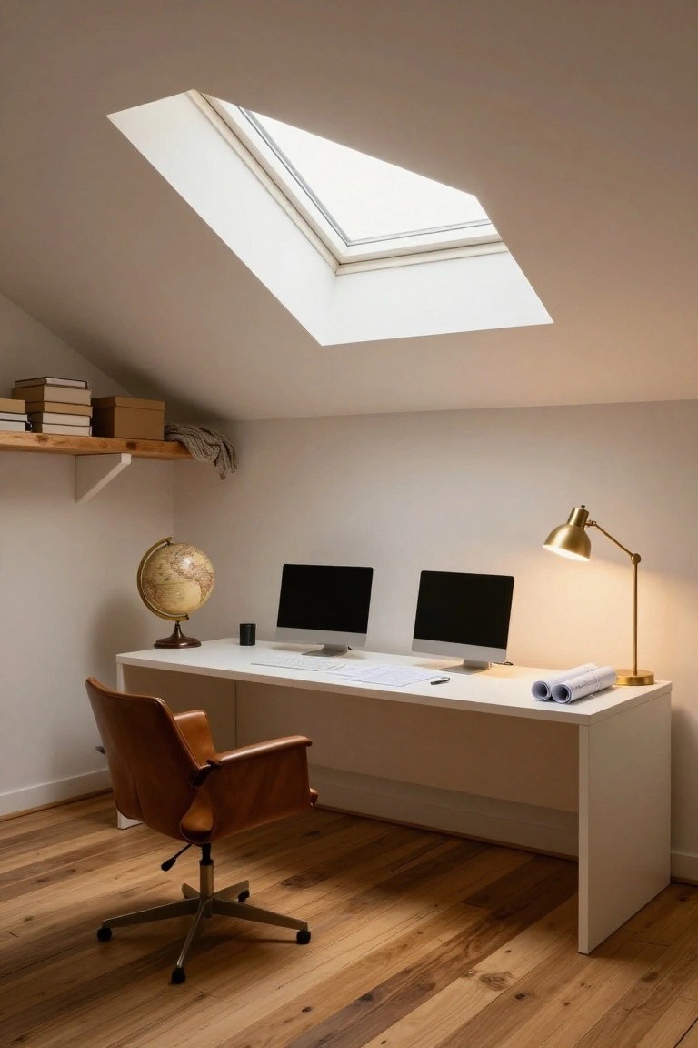 Attic home office with sloped white ceiling, skylight, wooden shelves holding books and boxes, globe on floor, white desk with two black monitors and papers, brown leather desk chair, gold desk lamp, and hardwood plank flooring.