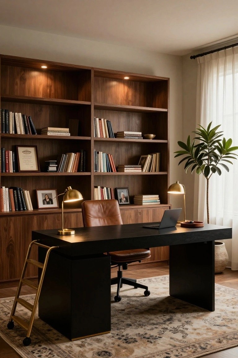 Modern home office with floor-to-ceiling walnut built-in bookshelves framing a black desk with integrated gold rolling ladder, tan leather chair, laptop, desk lamps, and potted plants near a window with sheer curtains.
