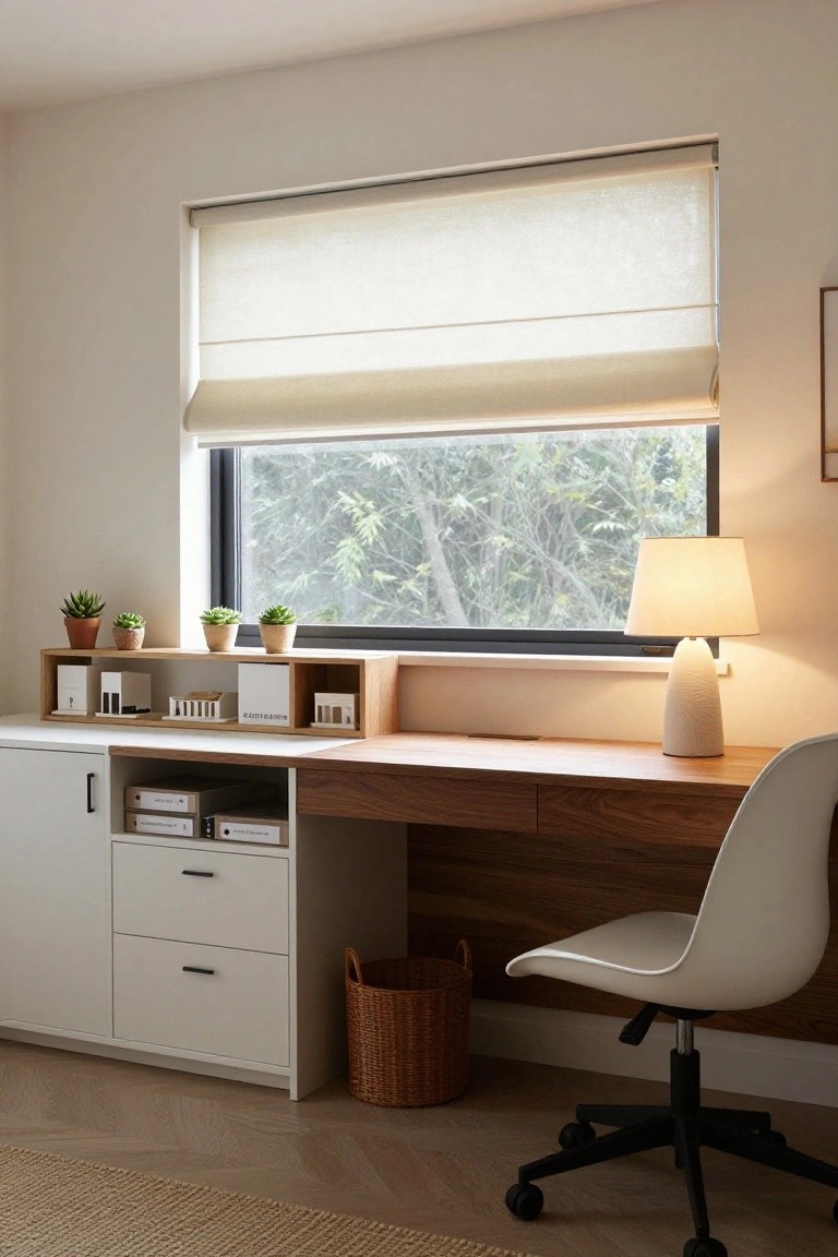 Modern home office nook with walnut wood desk top on white cabinets, wooden shelf with potted succulents and models above a large window with sheer roller blind, white molded chair, ceramic lamp, and woven basket on herringbone floor.