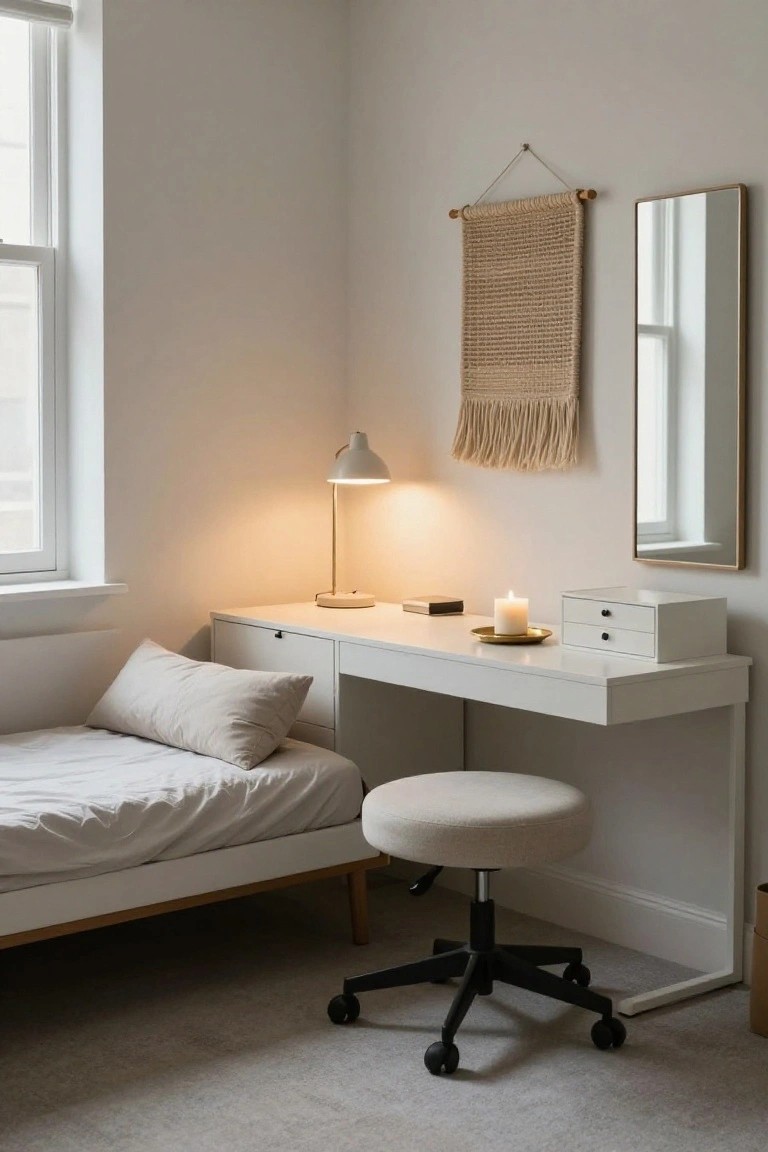 A minimalist white corner desk with drawers and a lit lamp in a small bedroom, paired with a cream pouf stool, bed, wall mirror, macrame hanging, and candle on the surface.