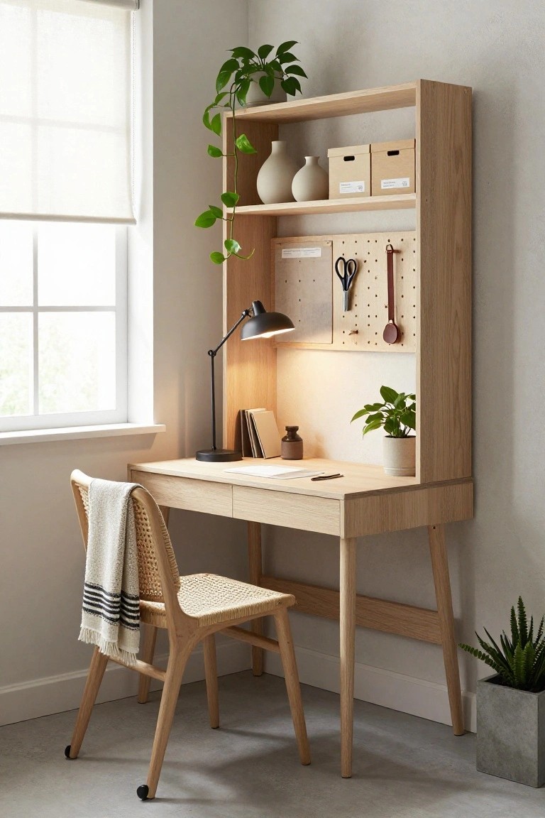 Light oak desk integrated into a tall wall unit with shelves, pegboard panel, desk lamp, rattan chair with throw, and potted plants in a bright white room with window blinds.