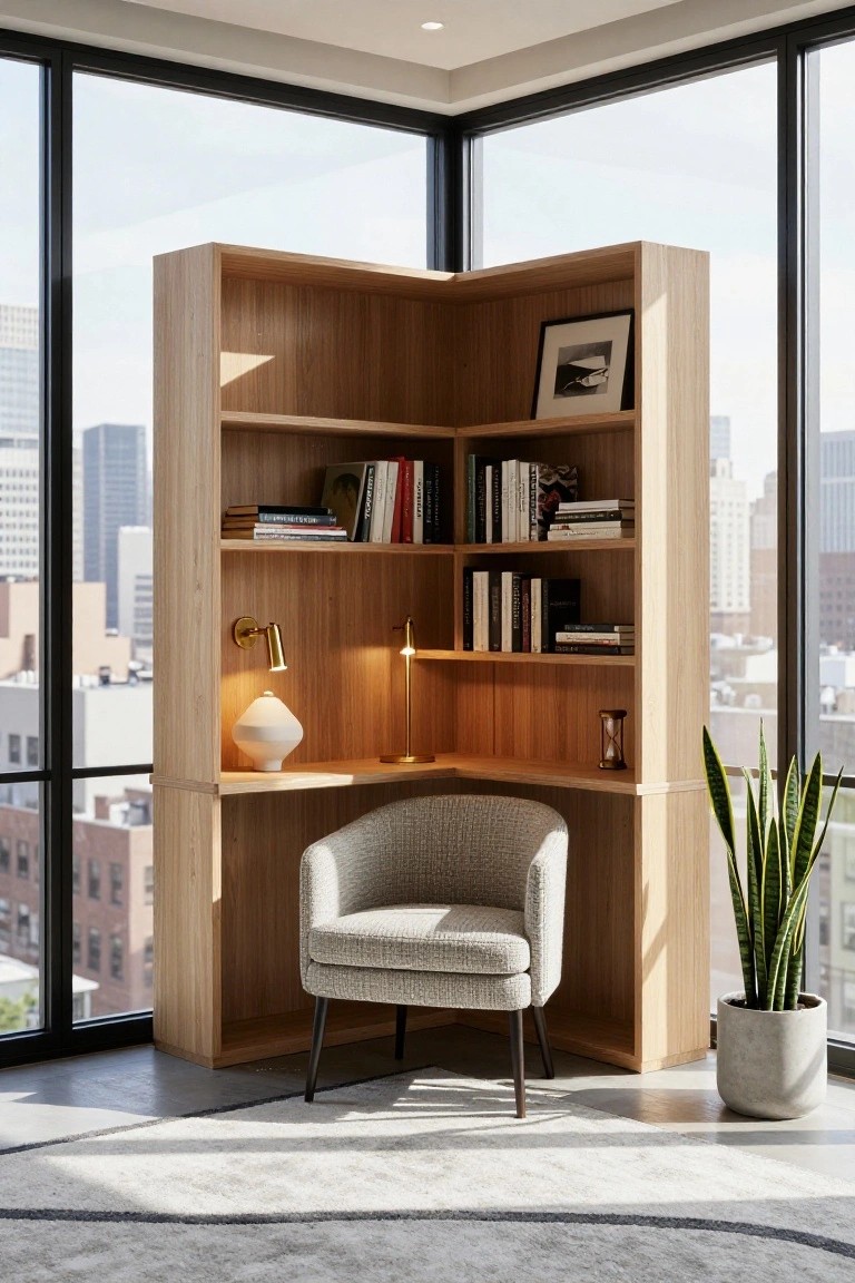 Corner wooden bookshelf unit with integrated desk surface, gray upholstered armchair, table lamp, books, vase, hourglass, framed photo, and potted snake plant next to large windows showing city skyline.