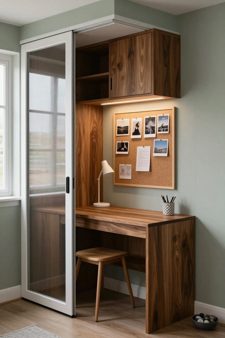 Contemporary corner home office nook with built-in walnut wood desk and cabinets, frosted glass sliding door, corkboard with photos and notes, desk lamp, pencil holder, wooden stool, and bowl of stones on wood floor.