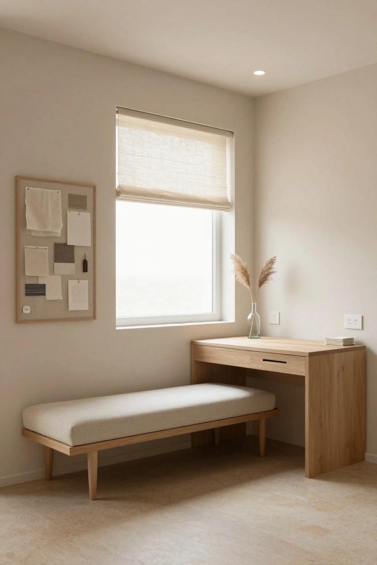 Light oak corner desk with attached white bench seat, mood board on wall, pampas grass vase on desk, bamboo blind over window, in beige room with wood floor.