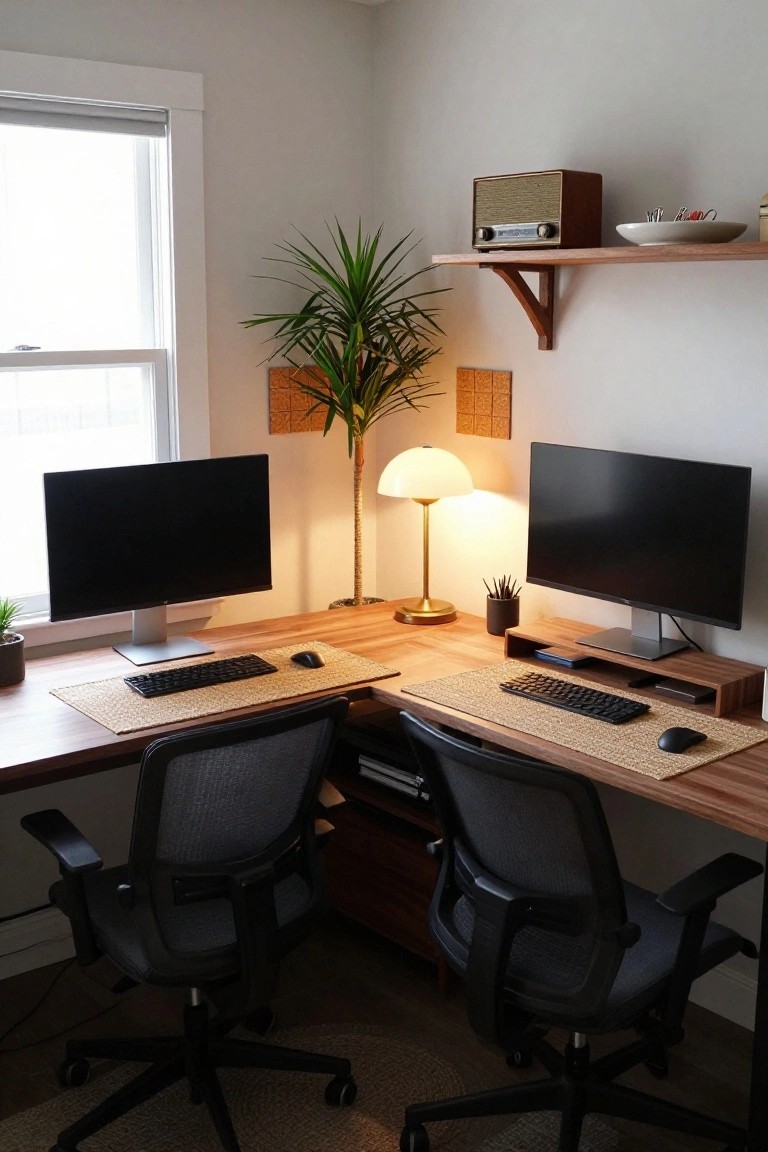 Corner home office with two wooden L-shaped desks holding monitors, keyboards, and mice, two mesh office chairs, a potted plant near the window, a lamp, shelves with a radio and dishes above, and corkboard panels on the wall.