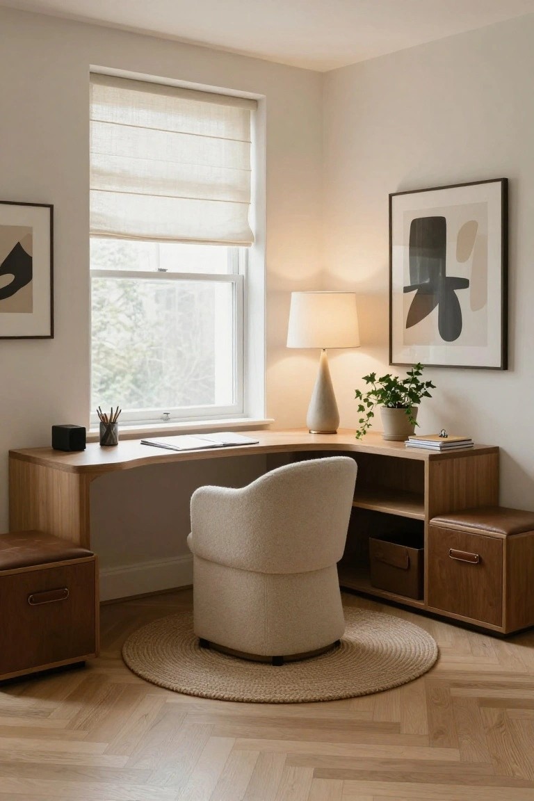 Corner home office with curved light wood desk, cream upholstered swivel chair on round jute rug, table lamp, potted ivy plant, notebooks, and abstract framed artwork beside window with sheer blinds on herringbone oak floor.
