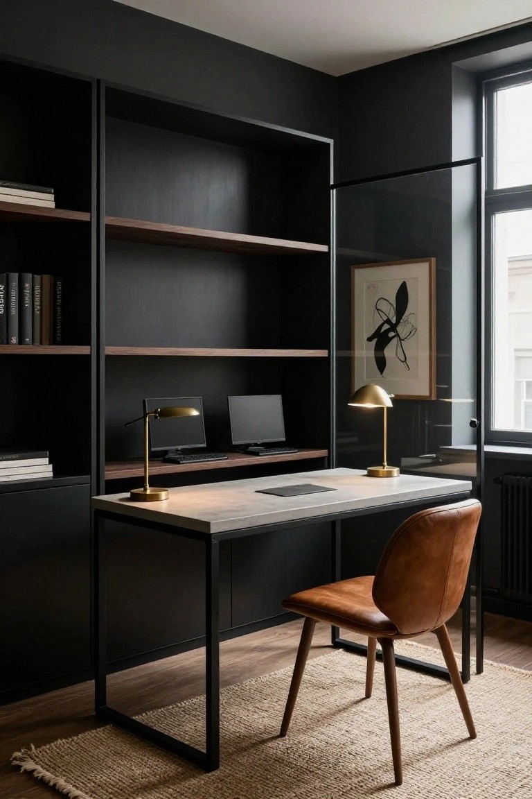 Corner home office with black floor-to-ceiling shelving units featuring walnut wood shelves, glass divider, concrete-topped metal desk with two monitors and gold lamps, tan leather chair, and window alongside radiator.