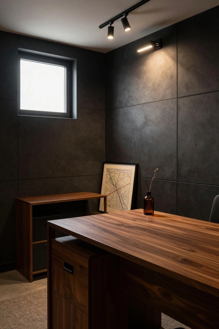 Modern home office with dark textured walls, large walnut wood desk with drawers and cabinets, wooden side unit, black office chair, framed map on wall, glass vase with dried branch on desk, track lighting, and small window.