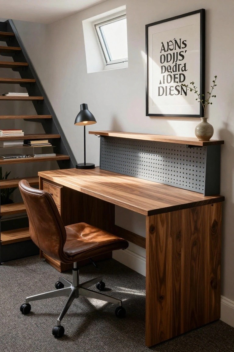 Wooden desk with drawer and thick legs in a home office, featuring a gray pegboard panel on the upper shelf, brown leather chair, black desk lamp, books on nearby stairs, and natural light from a skylight.